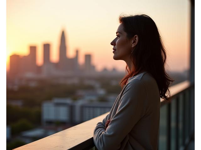 A thoughtful woman, mid-40s, looking out over the Austin skyline at dawn, symbolizing reflection and new beginnings inherent in a personal wellness journey.