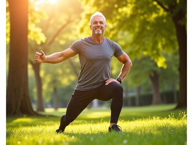 A dynamic fitness professional, early 50s, demonstrating a low-impact exercise outdoors in a park, radiating energy.