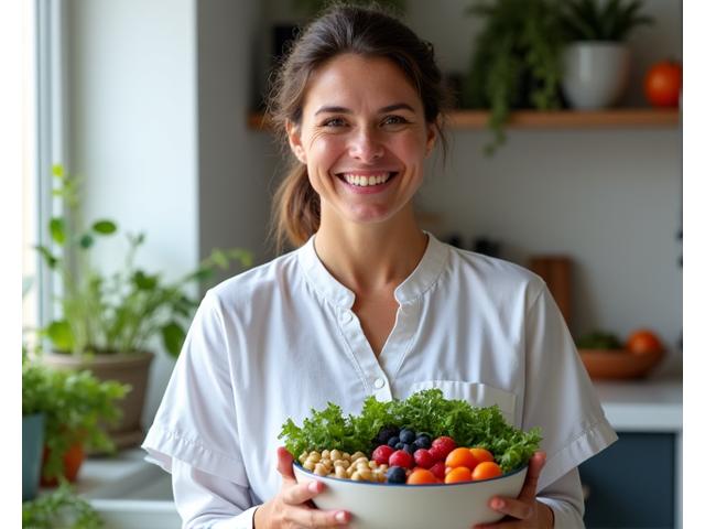 A friendly certified nutritionist, mid-40s, smiling, holding a vibrant bowl of fresh produce in a modern kitchen setting.