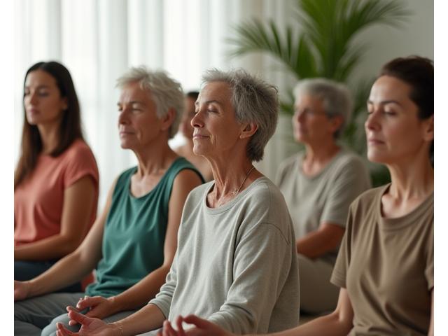Diverse group of adults meditating together in a bright, modern studio, fostering a sense of community and shared wellness.