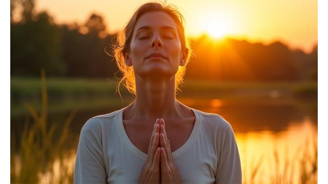A calm individual meditating outdoors at sunrise, reflecting mental peace and stress reduction.