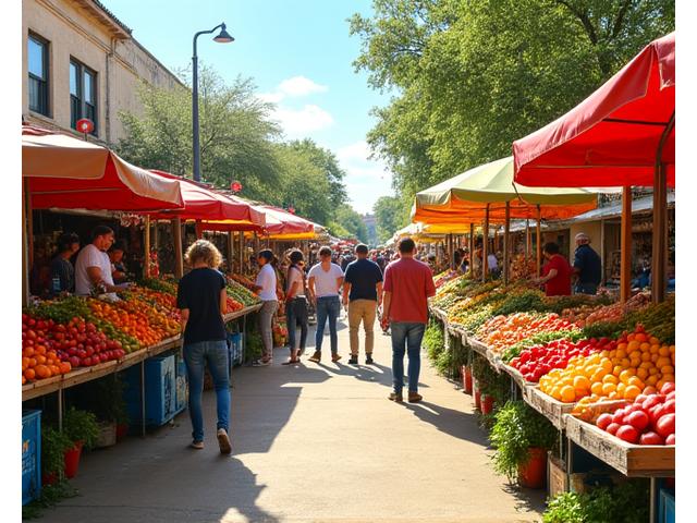 A lively, sunlit farmers market scene in Austin, Texas, with diverse fresh produce, local artisanal foods, and people interacting, conveying community and healthy living.