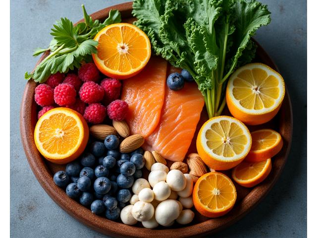 An aesthetically arranged plate with colorful immune-boosting foods like citrus fruits, bright berries, leafy greens, mushrooms, and nuts, looking fresh and inviting.