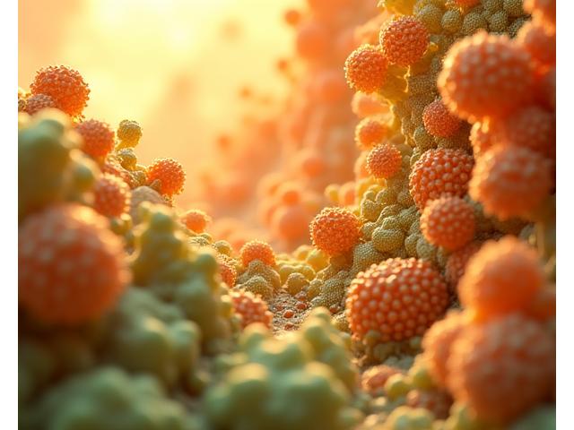 A microscopic, artistic representation of healthy gut flora, with vibrant, diverse cellular structures in warm, inviting tones, flowing naturally.