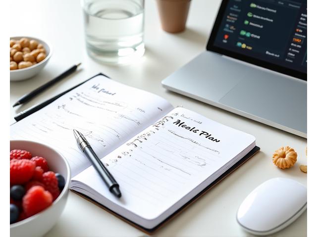 A neatly organized desk with a notebook open to a meal plan, a healthy snack, a glass of water, and a tablet displaying nutrition data, suggesting thoughtful planning.