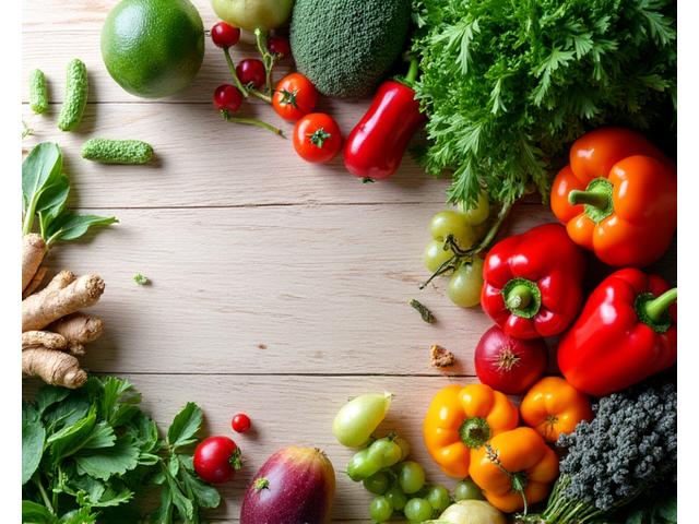 Close-up of fresh, vibrant various fruits and vegetables neatly arranged on a natural wood table, symbolizing a holistic approach to nutrition.