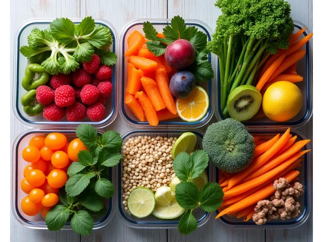 Vibrant, healthy meal prep containers arranged neatly, symbolizing balanced nutrition for menopause.
