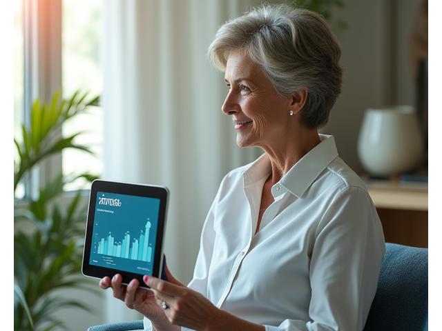 Woman thoughtfully looking at a tablet displaying health metrics, symbolizing hormonal journey assessment.