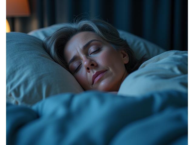 Woman comfortably sleeping, representing relief from menopausal sleep issues.