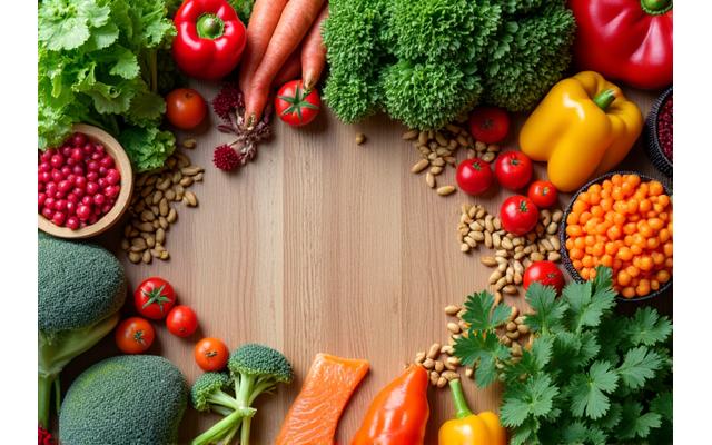 Vibrant, colorful spread of whole, unprocessed foods including fresh fruits, vegetables, nuts, and seeds.