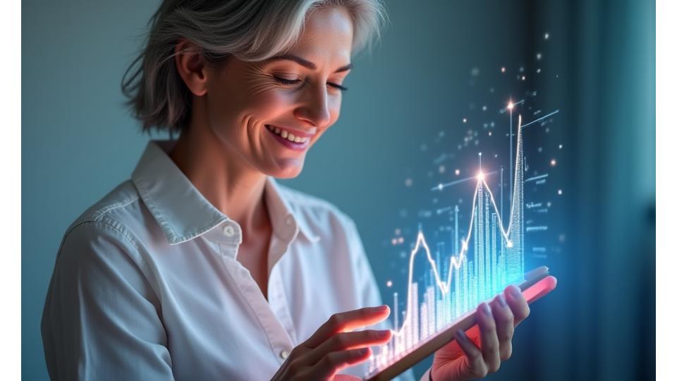Woman interactiving with a digital tablet showing a wellness graph, surrounded by subtle glowing data points.