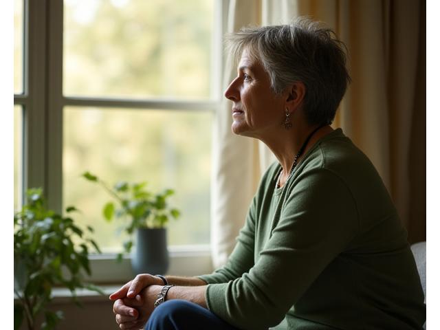 Person sitting thoughtfully, looking out a window, symbolizing introspection and assessment.