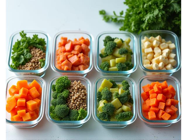 Colorful, prepared healthy meals in glass containers, neatly arranged on a clean kitchen counter.