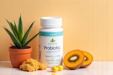 Probiotic capsules next to a healthy small plant, symbolizing gut health.