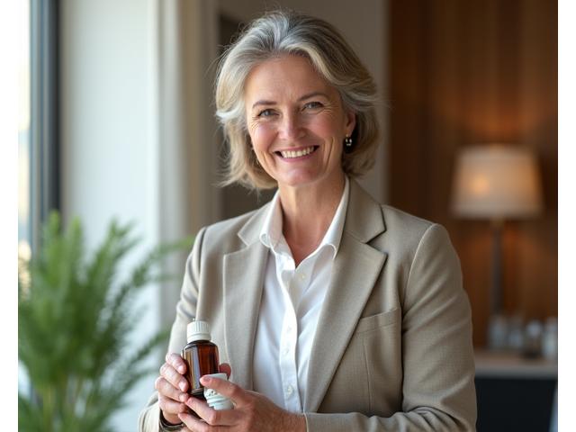 Woman over 40 confidently holding a natural wellness product, with a calm, discerning expression, in a bright, modern setting.