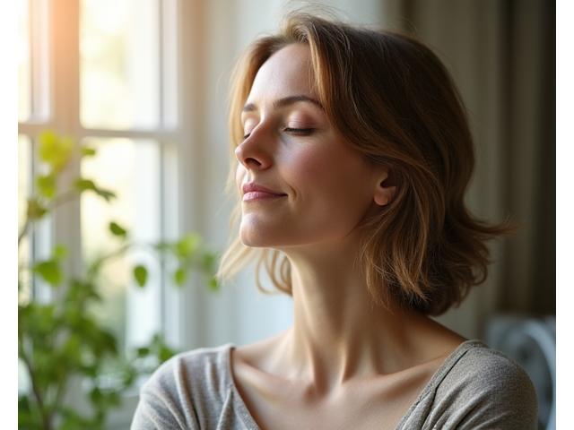 Woman meditating calmly with eyes closed, a gentle smile, and soft natural light. Serene environment.