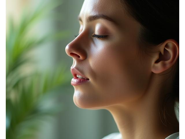 Person taking a deep, calming breath, illustrating immediate stress relief techniques.