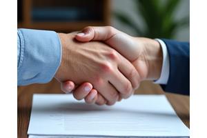 Image showing two hands meeting over a document, suggesting resolution