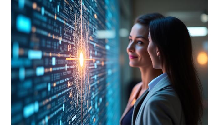 A digital representation of AI interacting with data points next to an image of a human coach guiding a client, symbolizing hybrid coaching.