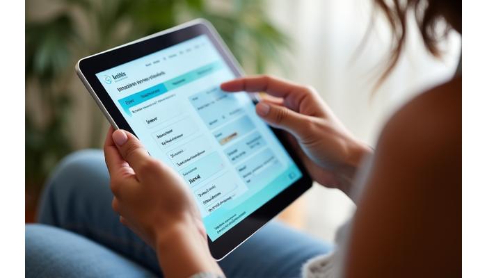A person interacting with an intuitive, clean interface on a tablet, showcasing a personalized wellness tech assessment.