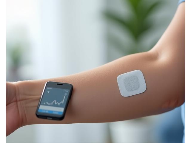 A continuous glucose monitor patch on an arm, with a smartphone displaying blood glucose levels.